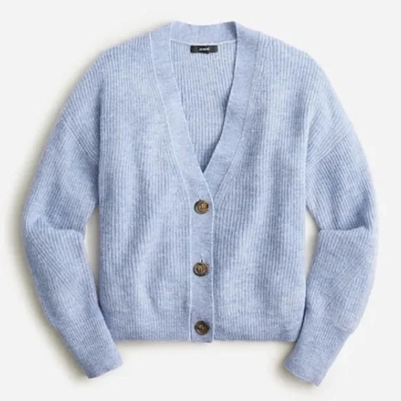 J. Crew Ribbed V-Neck Cardigan Sweater Alpaca Blend Heather River Blue - Picture 2 of 9